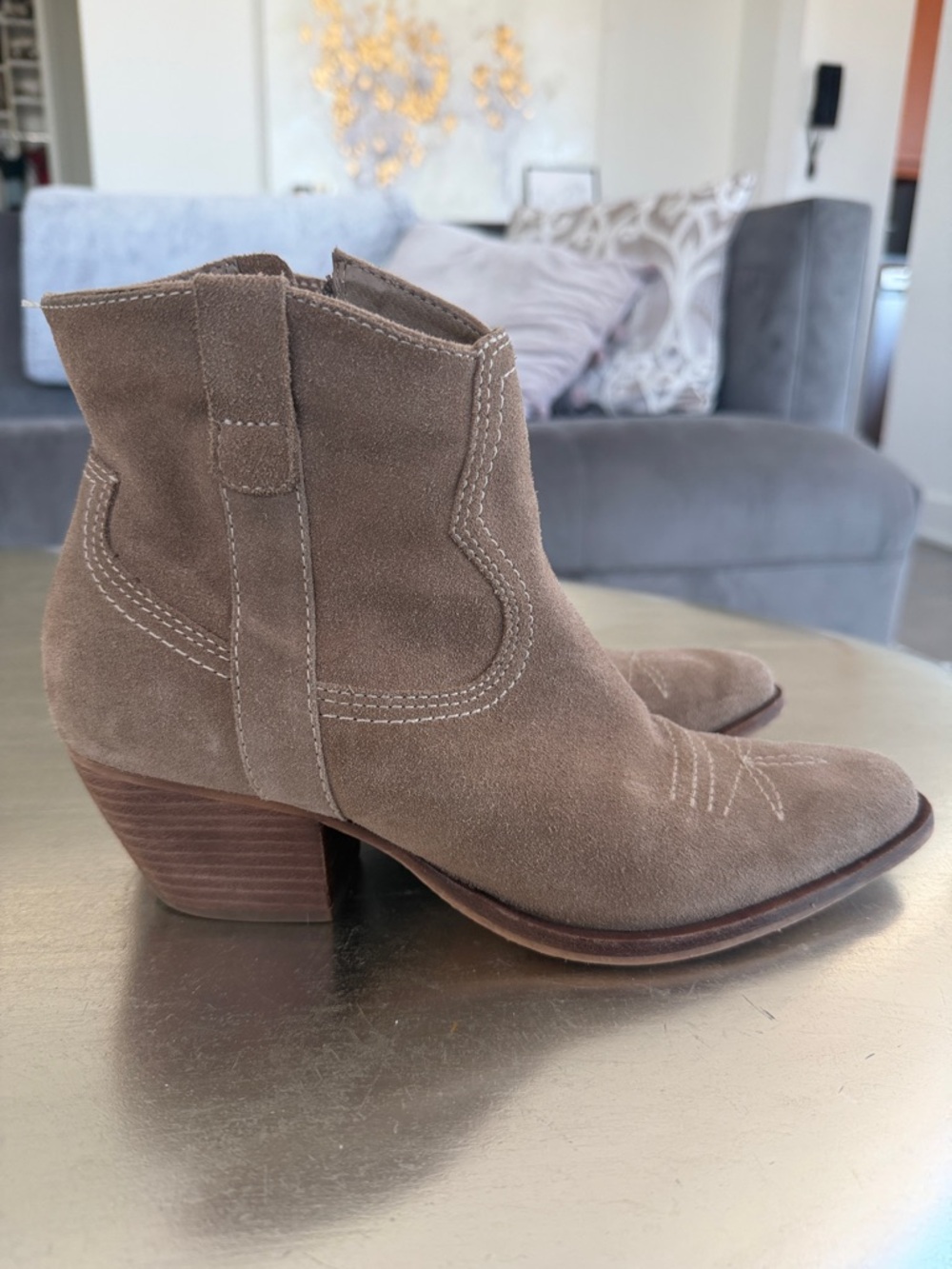 Dolce Vita Taupe Suede Western Ankle Booties